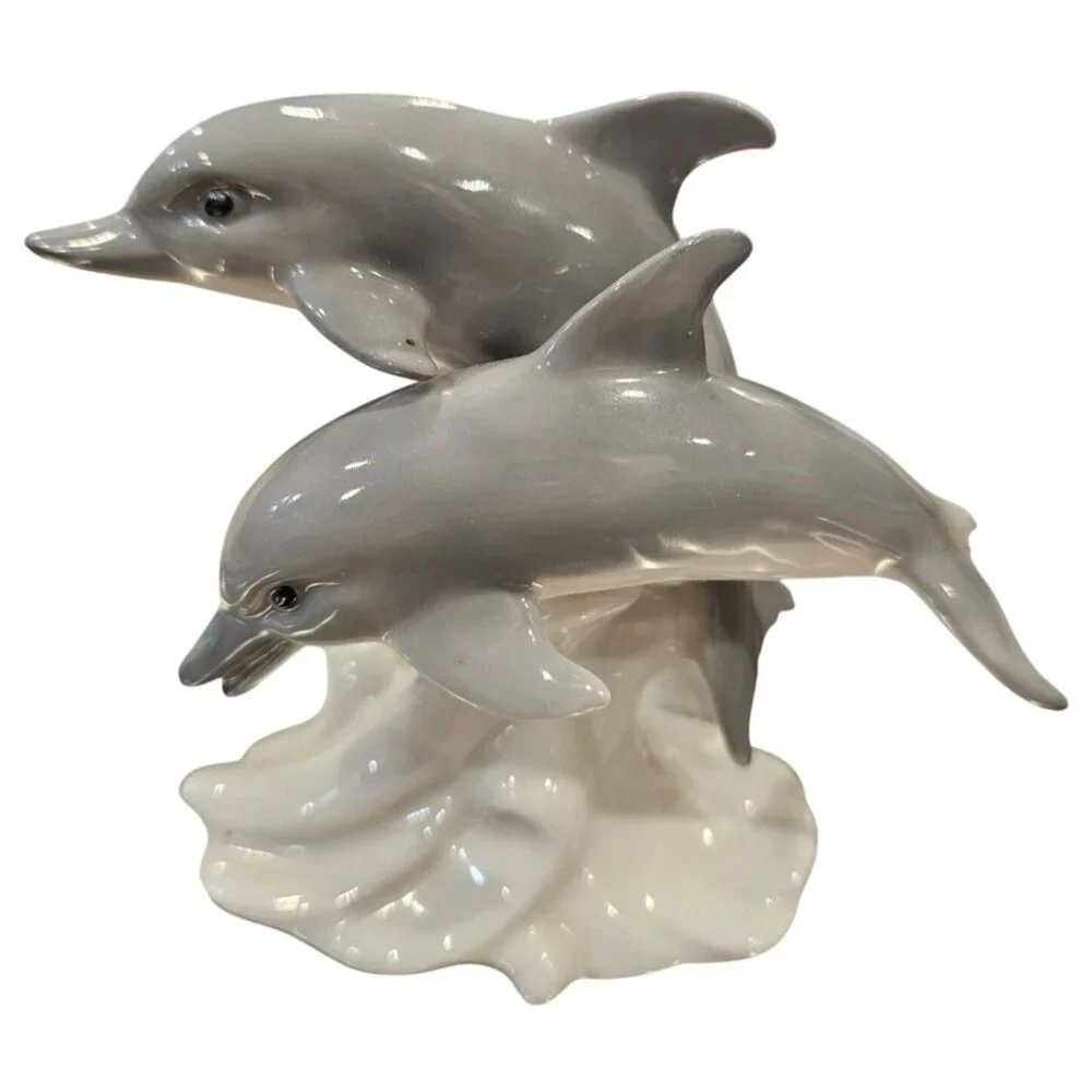 Otagiri Porcelain Gray Dolphins White Wave Figurine Figure Made in Japan Vintage